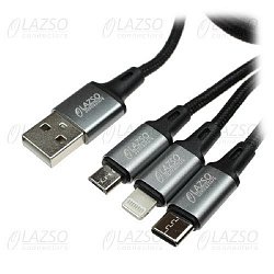 WU-007(1,5m) Кабель для зарядки 3-в-1 (USB-B micro, USB type C, Lightning)